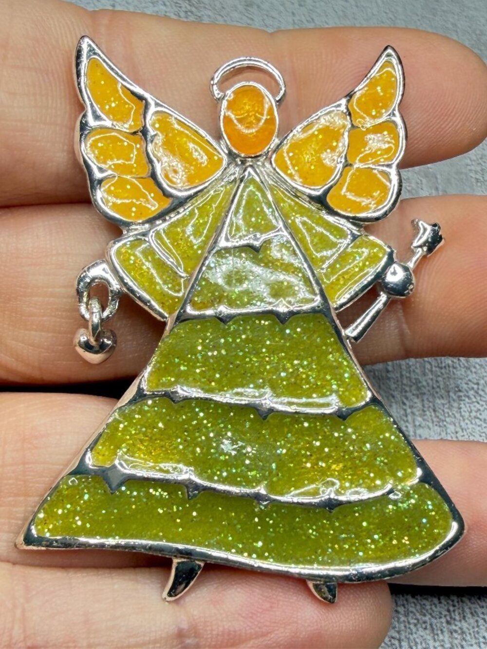 Angel Modern Green Enamel Brooch Heart Charm Holiday Pin 2.15 inches